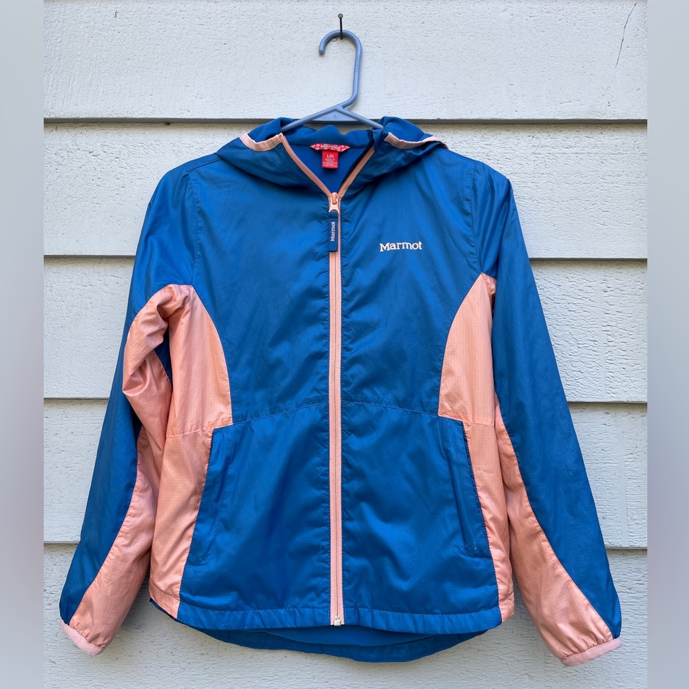 Marmot Light Weight, Lined, Hooded Jacket Girl’s Size Large, Blue/Salmon details